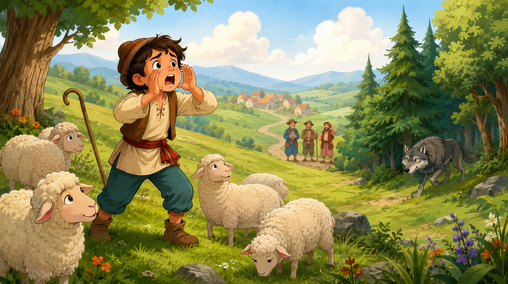 A young shepherd boy shouting for help as sheep graze nearby and a wolf approaches from the forest, while villagers watch from a distance.